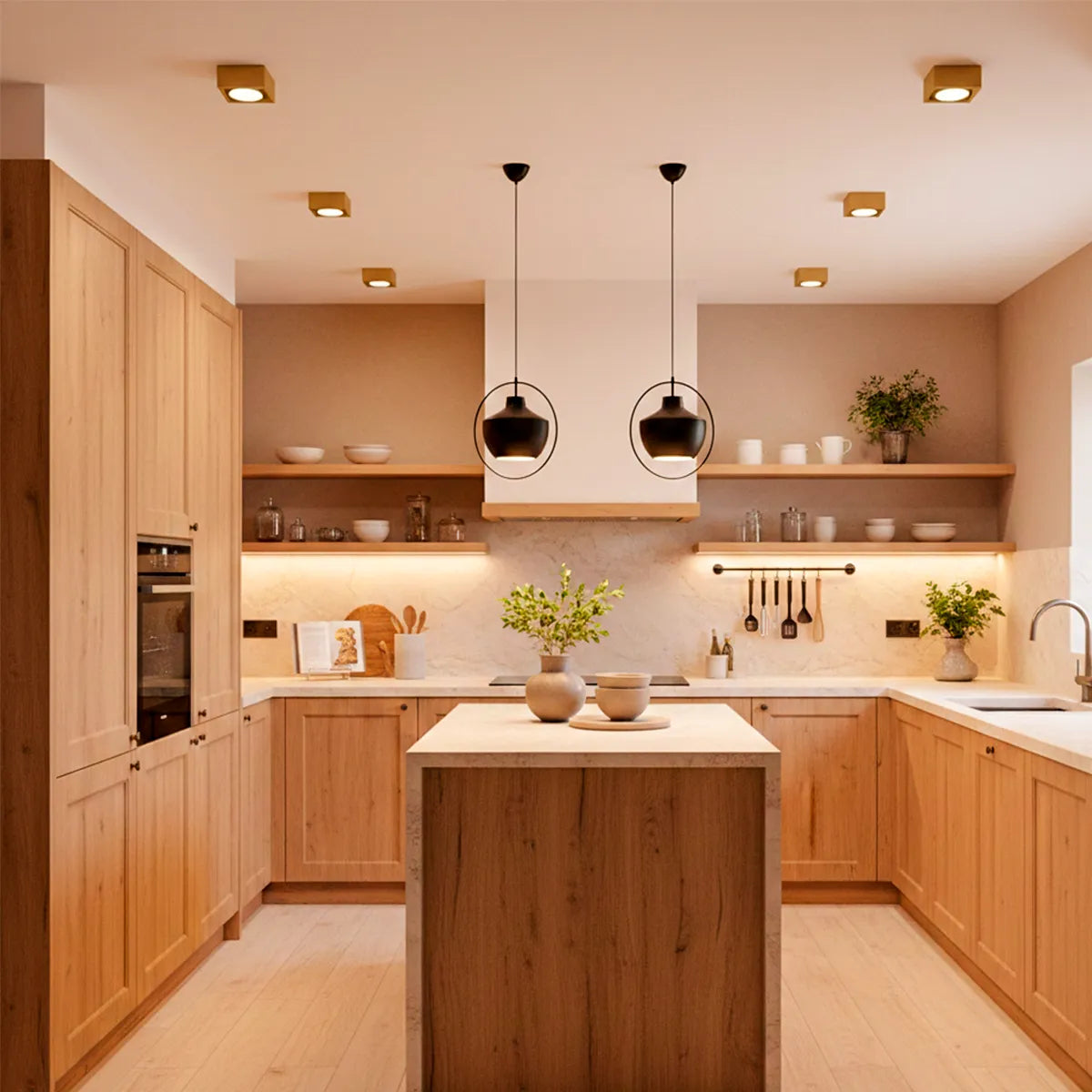 Cozinha moderna com ilha central revestida em madeira, armários planejados claros e iluminação de destaque com dois pendentes pretos redondos sobre a bancada.
