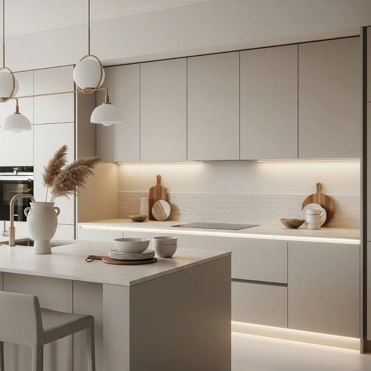cozinha-sofisticada-e-minimalista-iluminada-ambiente-claro-bege