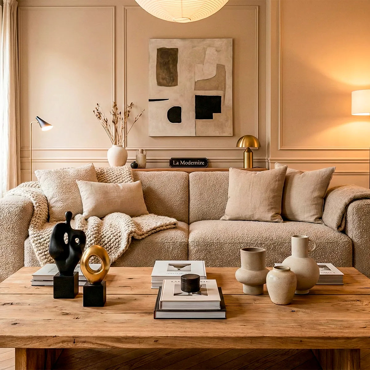 Sala de estar sofisticada em tons monocromáticos de bege, decorada com quadro de arte abstrata, sofá texturizado boucle e esculturas modernas pretas e douradas sobre a mesa de centro.