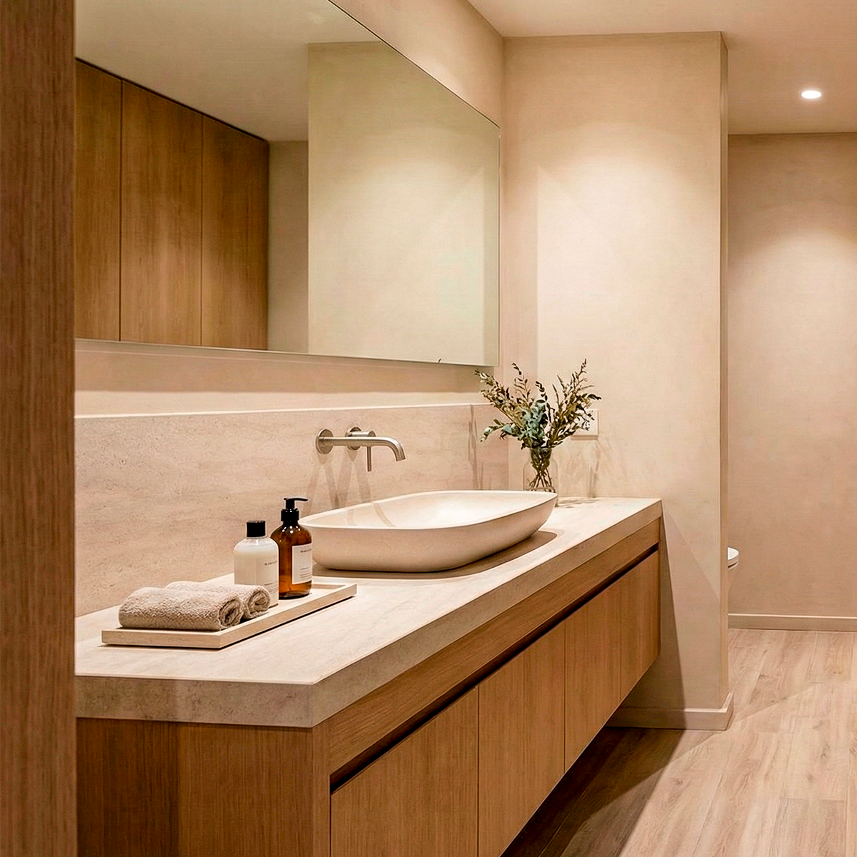 Banheiro minimalista de luxo com gabinete em madeira, bancada de pedra clara, cuba de apoio oval e iluminação indireta aconchegante.