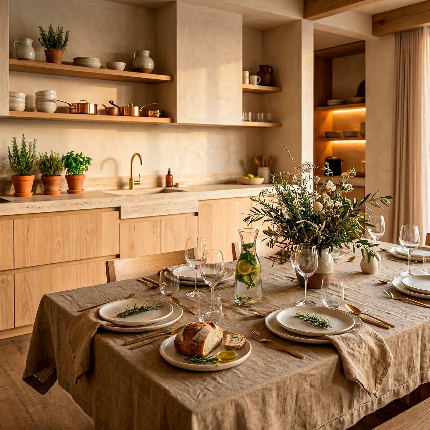 Cozinha rústica moderna. Em foco, mesa posta com toalha de linho, pratos, taças, pão e arranjo de folhagens. Fundo com armários de madeira clara, bancada de pedra, prateleiras abertas e vasos de ervas iluminados.