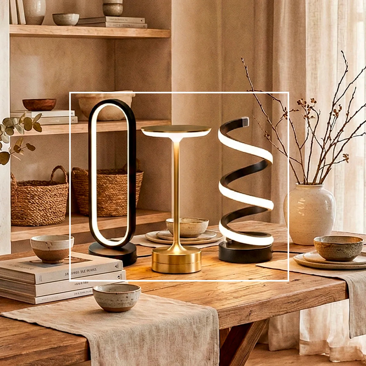 Capa quadrada da coleção Essence destacando design minimalista de luminárias de mesa LED em dourado e preto sobre mesa de jantar de madeira.