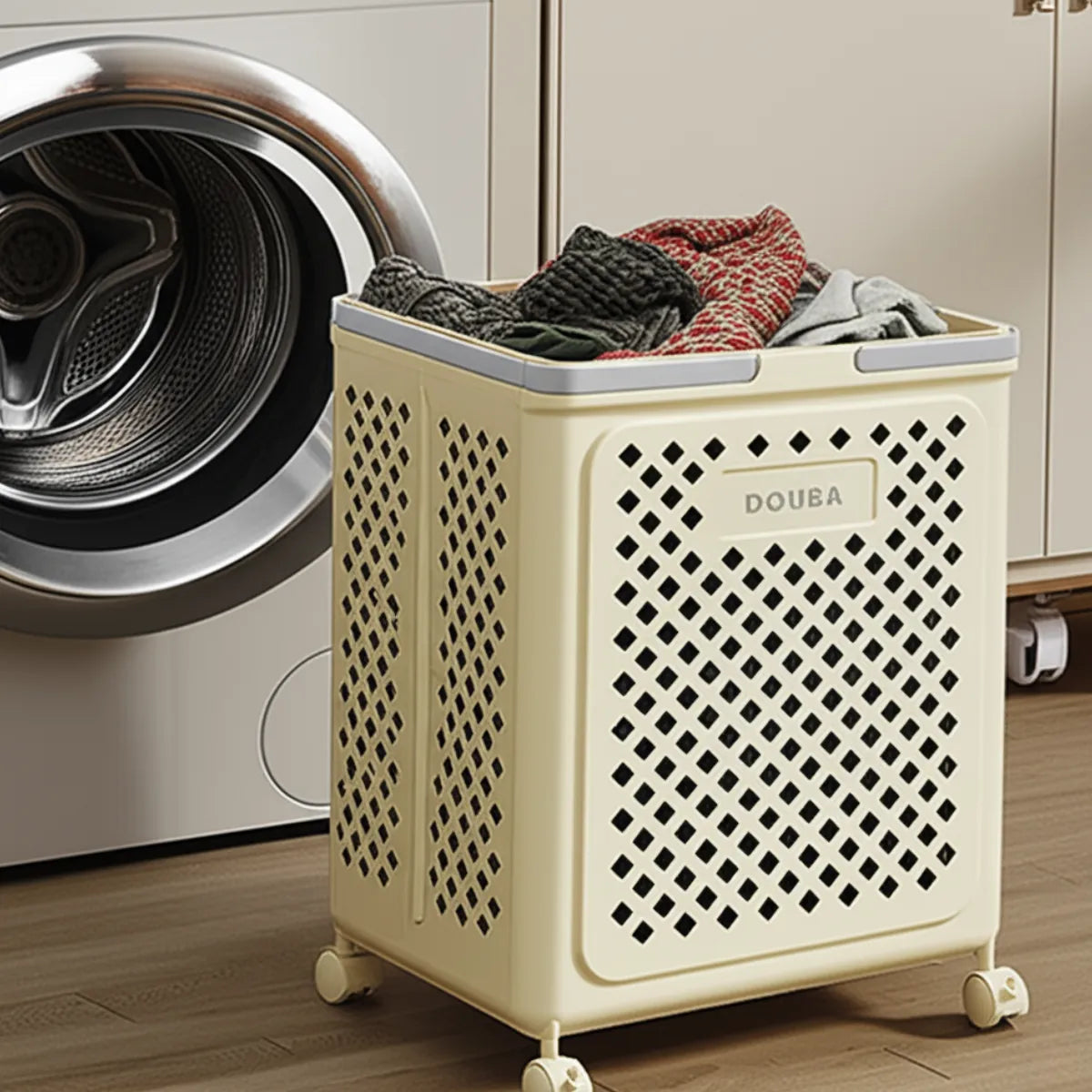 cesto-de-roupa-suja-dobravel-com-rodas-douba-bege-modernize-foto-cesto-de-roupa-suja-bege-em-lavanderia moderna