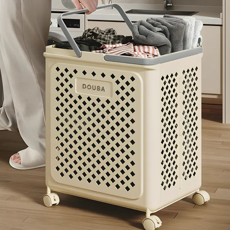 cesto-de-roupa-suja-dobravel-com-rodas-douba-bege-modernize-foto-cesto-de-roupa-suja-bege-em-lavanderia-bege-com-pessoa-carregando