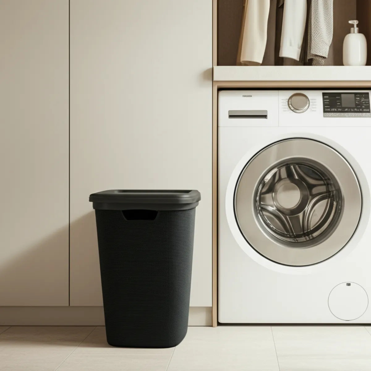 cesto-de-roupa-suja-grande-em-juta-com-tampa-preto-modernize-foto-lado-cesto-de-roupa-preta-em-lavanderia-moderna