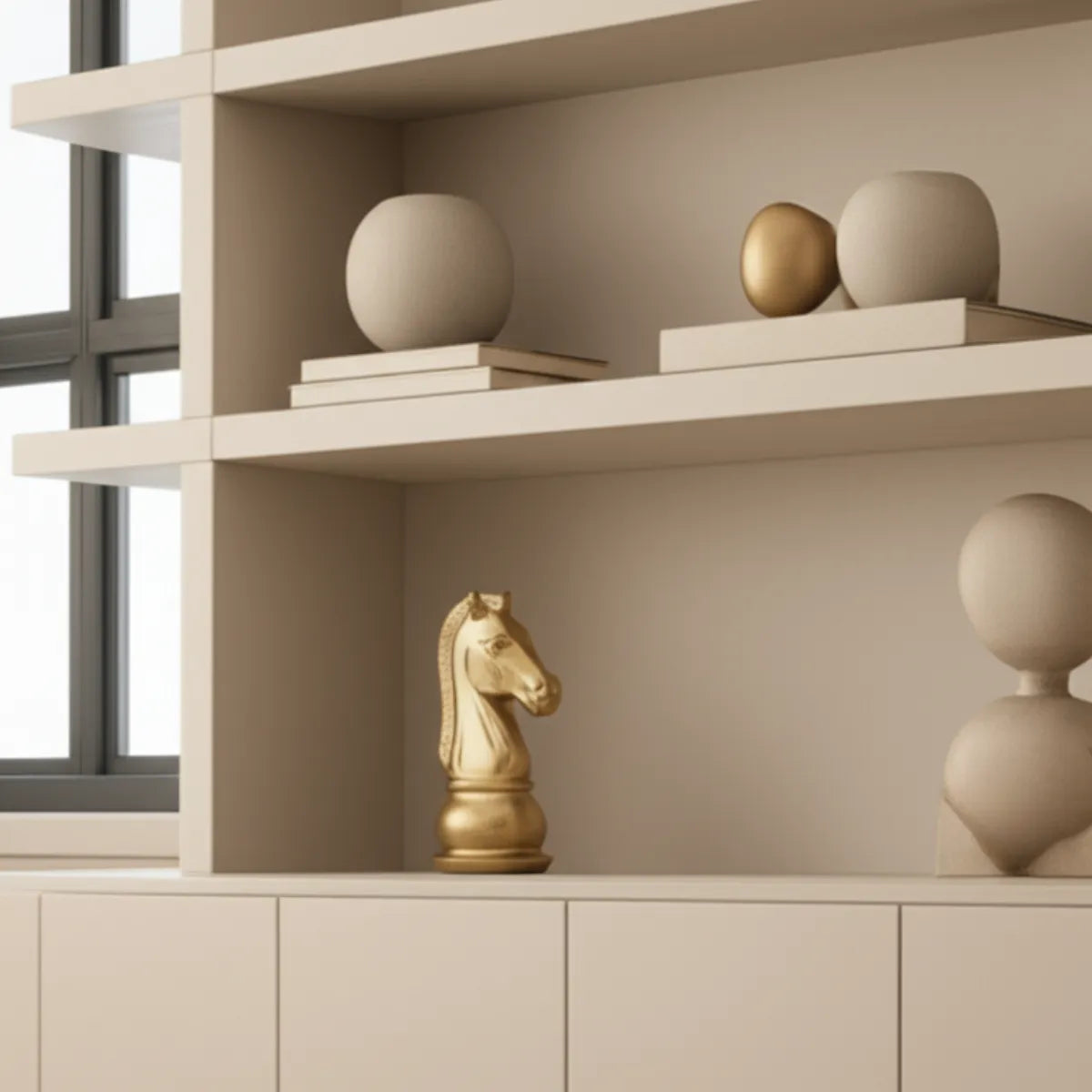 escultura-decorativa-peca-de-xadrez-cavalo-dourado-modernize-foto-escultura-em-estante-de-sala-minimalista-ambiente-claro-arejado-bege