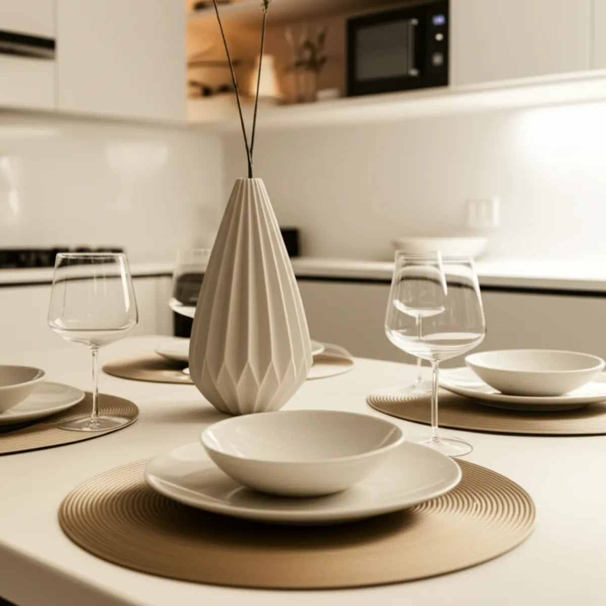 jogo-americano-redondo-sousplat-trancado-dourado-6-lugares-modernize-foto-quatro-sousplat-em-mesa-posta-sofisticada-cozinha-clara-branca