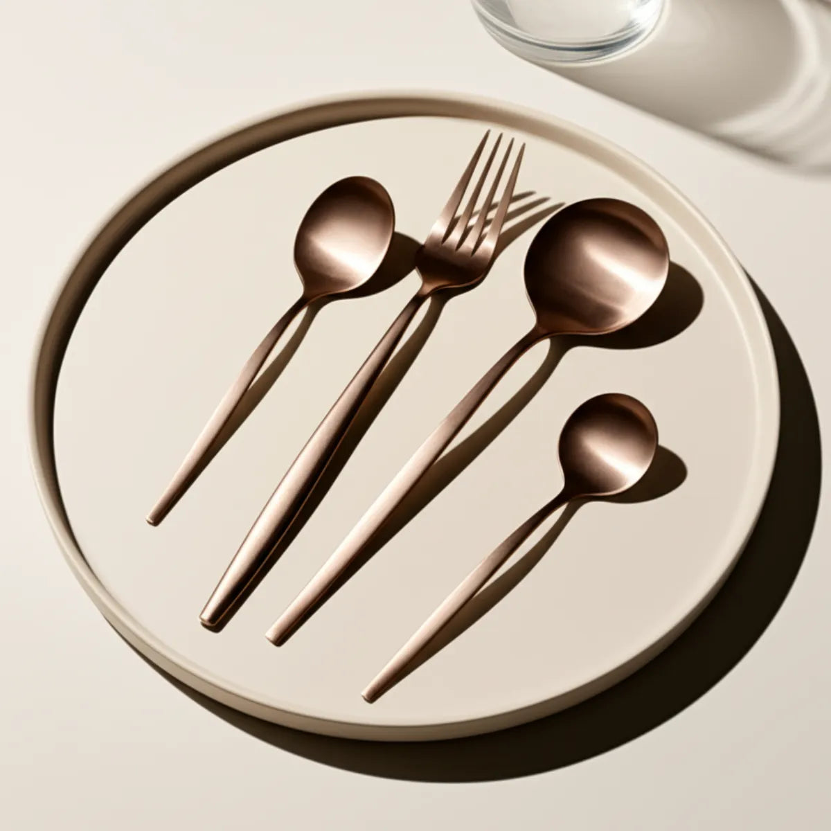 jogo-de-talheres-em-inox-lumiere-rose-24-pecas-modernize-foto-talheres-rose-em-prato-bege-em-mesa