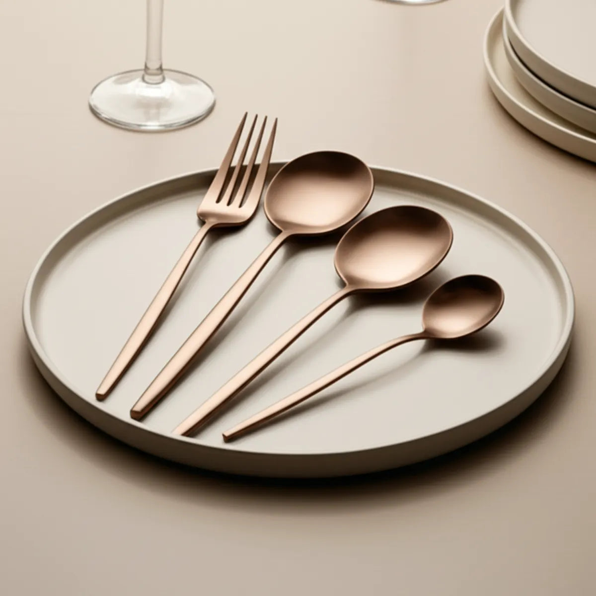 jogo-de-talheres-em-inox-lumiere-rose-24-pecas-modernize-foto-talheres-rose-em-prato-branco