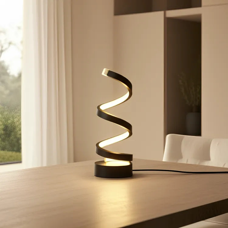 luminaria-abajur-de-mesa-led-helicoidal-preta-modernize-foto-luminaria-helicoidal-em-mesa-de-casa-luxuosa-minimalista