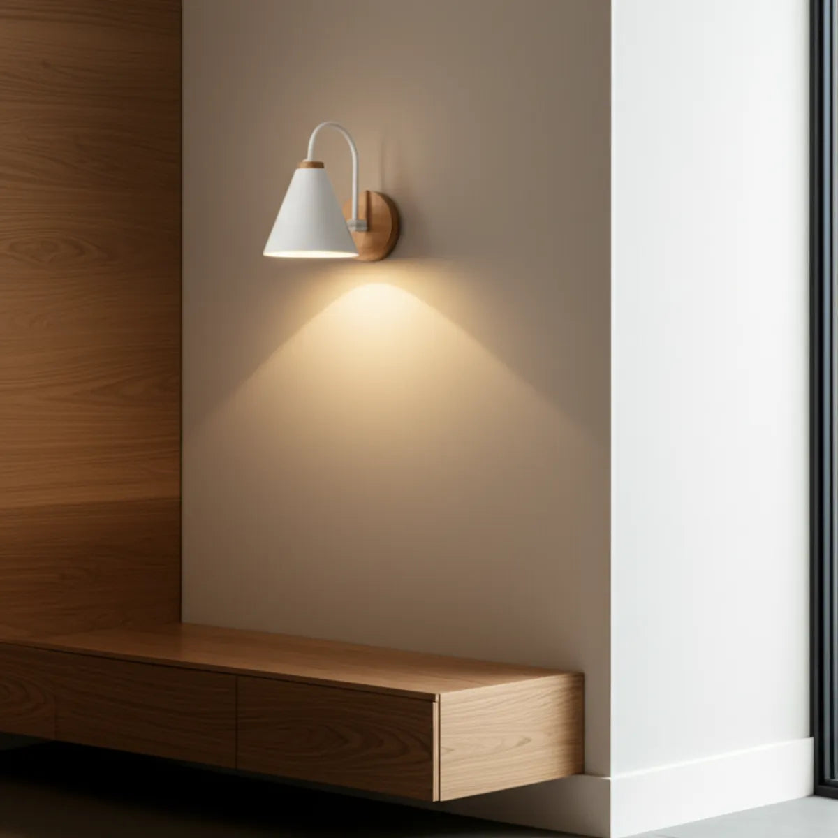 luminaria-abajur-de-parede-arandela-led-charmant-branca-modernize-foto-abajur-branco-aceso-fixado-em-parede-de-sala-minimalista