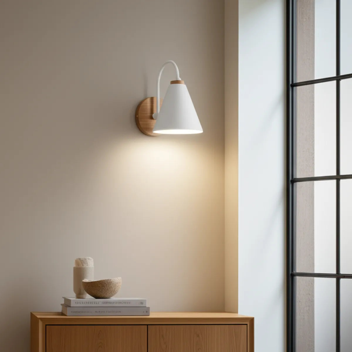 luminaria-abajur-de-parede-arandela-led-charmant-branca-modernize-foto-abajur-branco-aceso-fixado-em-parede-de-sala-minimalista