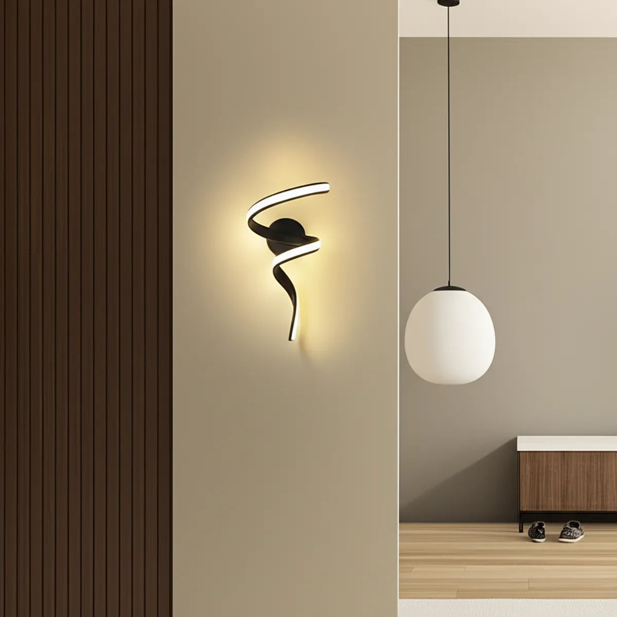 luminaria-de-parede-arandela-led-laco-preta-modernize-foto-frontal-luminaria-preta-em-forma-de-laço-acesa-fixada-em-parede-de-sala-moderna-estilo-japones