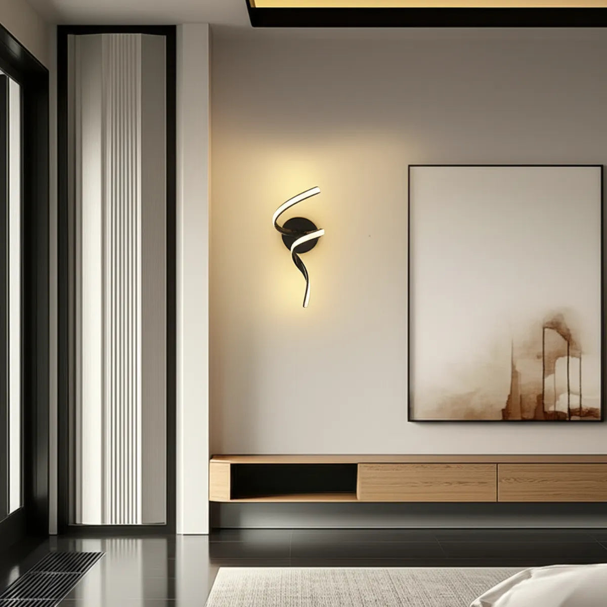 luminaria-de-parede-arandela-led-laco-preta-modernize-foto-frontal-luminaria-preta-em-forma-de-laço-acesa-fixada-em-parede-de-sala-moderna-minimalista