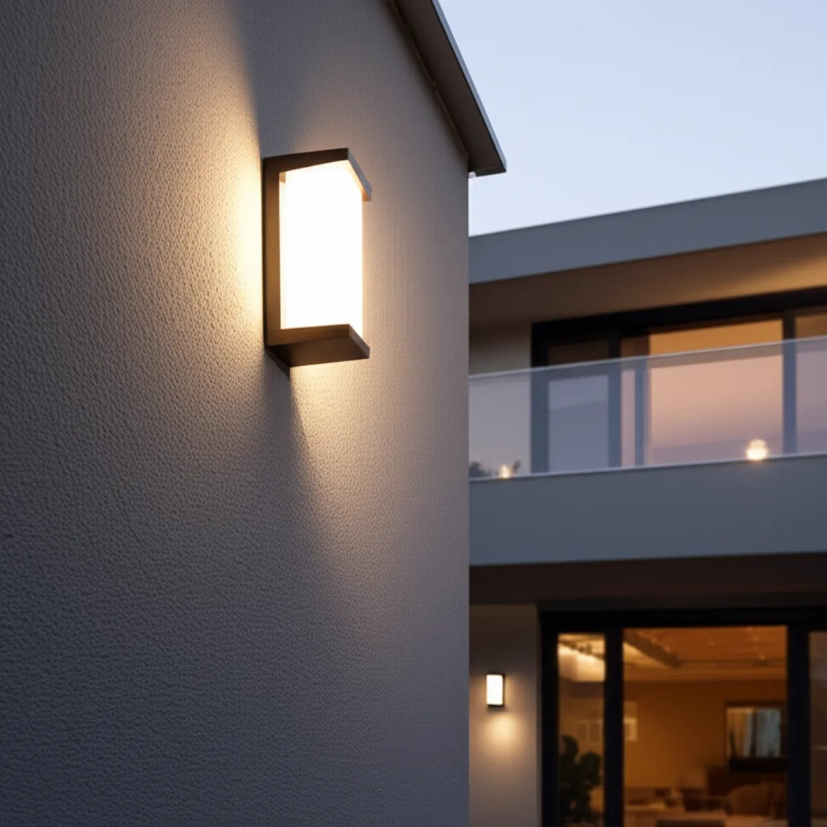 luminaria-de-parede-arandela-led-lumine-preta-modernize-foto-frente-arandela-iluminando-ambiente-externo-sofisticado-bege-neutro-luz-fria