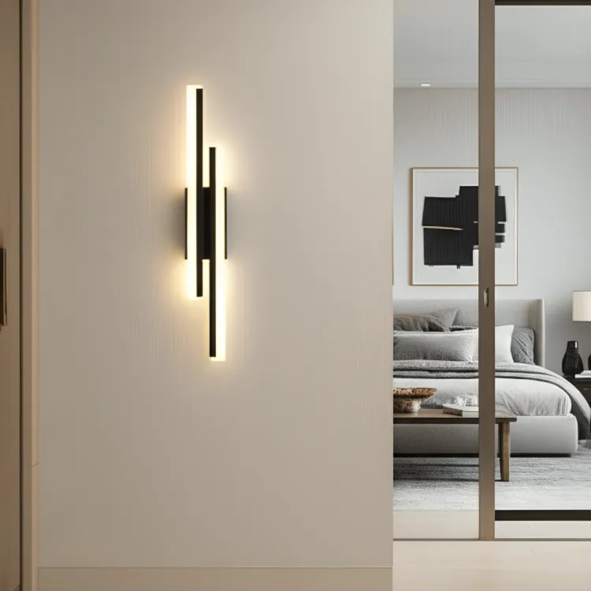 luminaria-de-parede-arandela-led-nordica-preta-modernize-foto-frente-luminaria-iluminando-quarto-moderno-bege-neutro-luz-quente