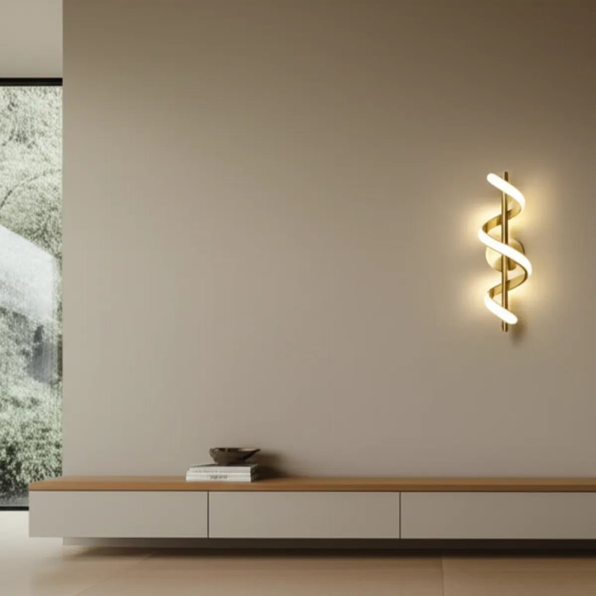 luminaria-de-parede-arandela-led-serpentina-dourada-modernize-foto-frontal-luminaria-espiral-em-parede-com-estante-de-sala-moderna