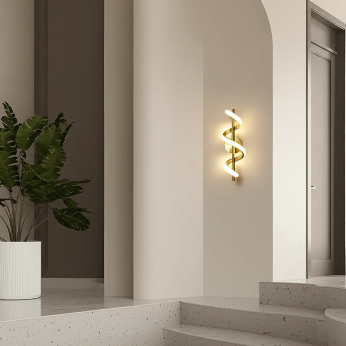 luminaria-de-parede-arandela-led-serpentina-dourada-modernize-foto-frontal-luminaria-espiral-em-parede-externa-de-casa-moderna