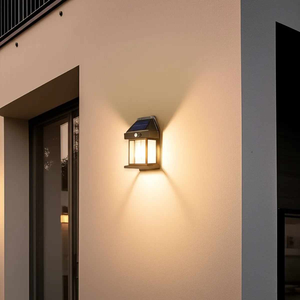 luminaria-de-parede-dupla-arandela-externa-led-solar-old-modernize-foto-frente-arandela-iluminando-area-externa-bege-neutro-noite