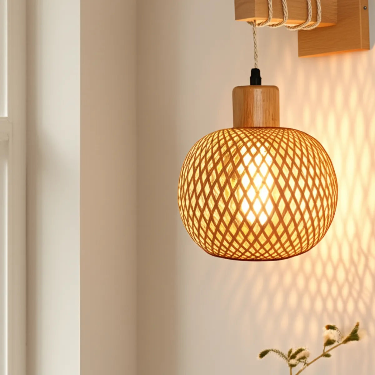 luminaria-de-parede-pendente-bambu-modernize-foto-frente-luminaria-iluminando-ambiente-moderno-neutro-bege