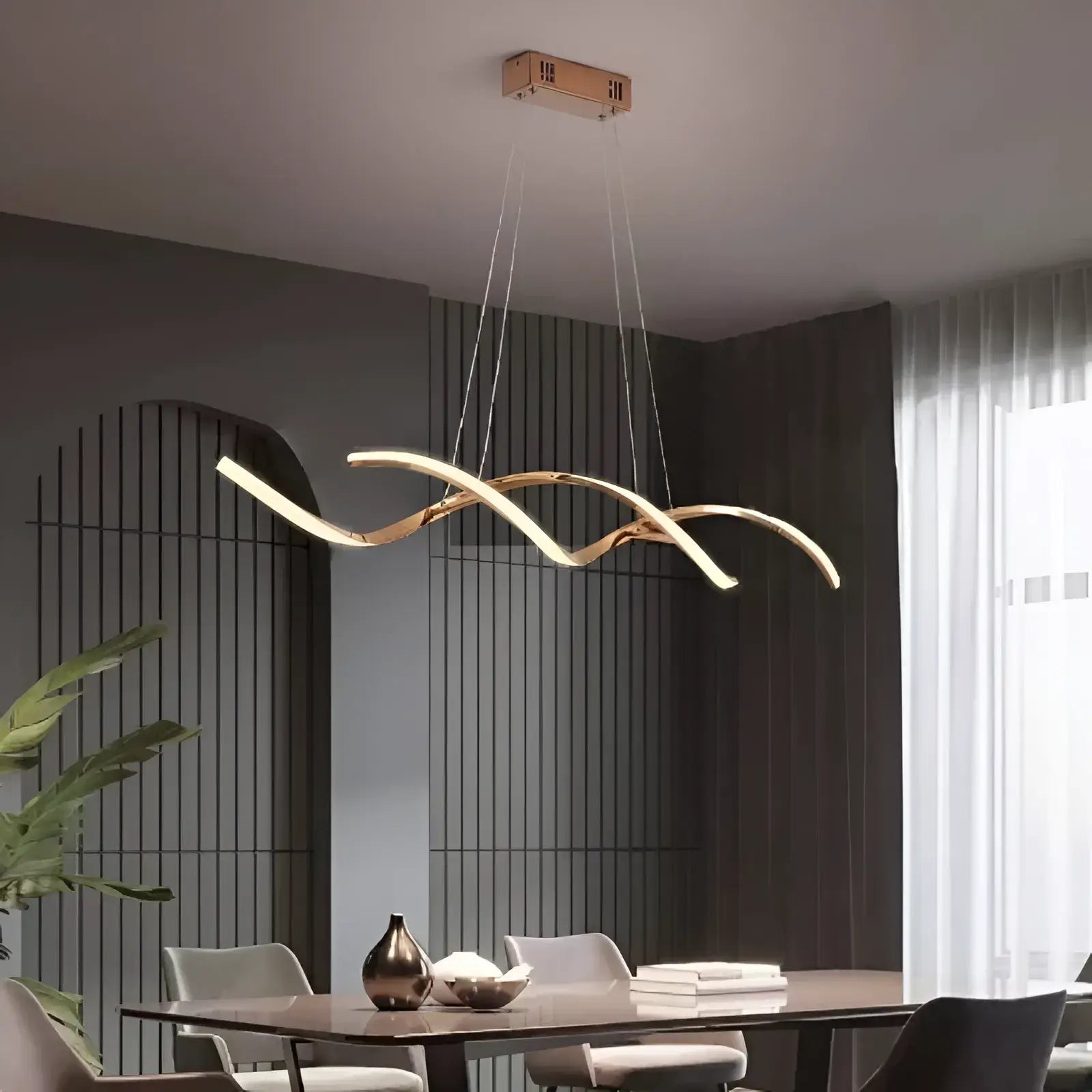 Luminaria-de-teto-lustre-pendente-led-ondulado-modernize-foto-lateral-pendurado-no-teto-iluminando-sala-de-jantar-aluminio-metal-rose-gold