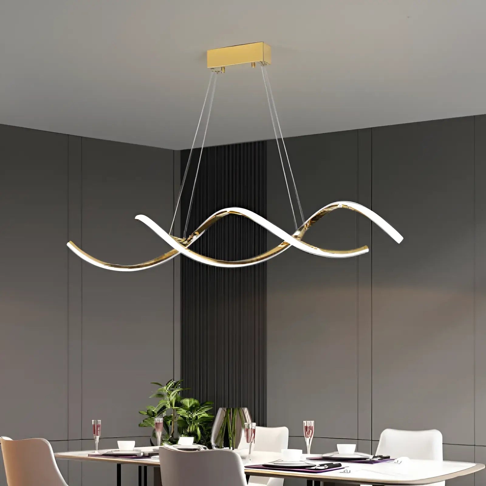 luminaria-de-teto-lustre-pendente-led-ondulado-modernize-foto-frente-pendurado-no-teto-iluminando-sala-de-jantar-aluminio-metal-rose-gold