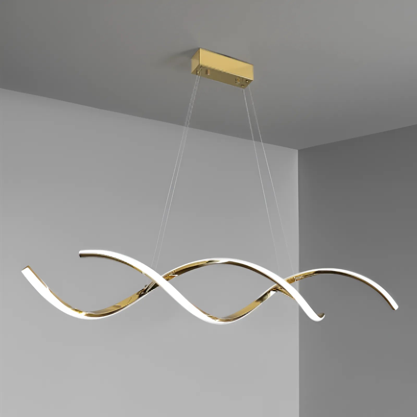 luminaria-de-teto-lustre-pendente-led-ondulado-modernize-foto-frente-perto-pendurado-no-teto-iluminando-sala-de-jantar-aluminio-metal-rose-gold