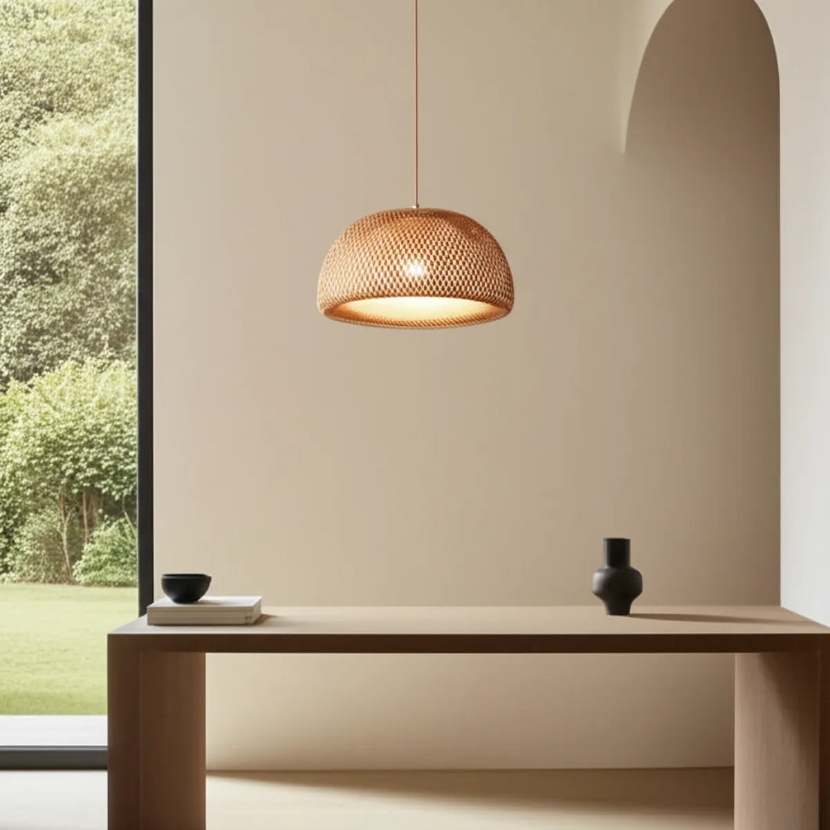 luminaria-de-teto-pendente-bambu-concavo-modernize-foto-frente-luminaria-em-ambiente-minimalista-moderno-neutro-bege