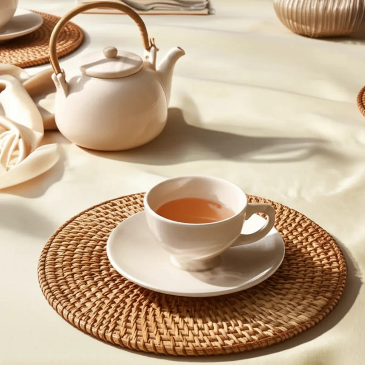sousplat-para-mesa-posta-de-rattan-artesanal-6-pecas-modernize-foto-sousplat-em-mesa-posta-cha-da-tarde-apoiando-xicara-ambiente-claro