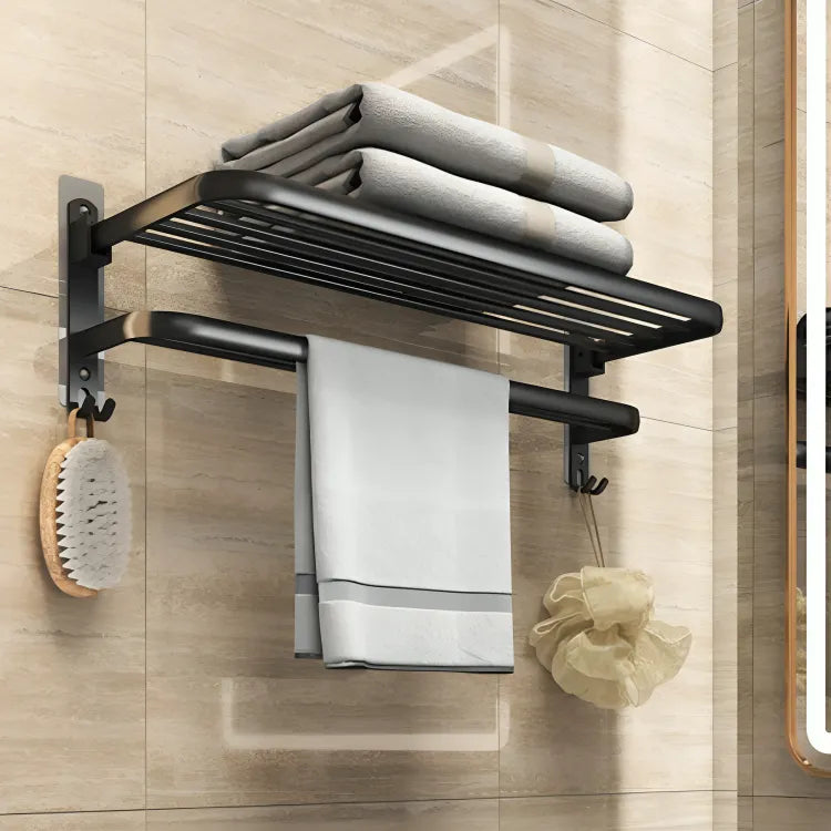 toalheiro-para-banheiro-duplo-retratil-preto-modernize-foto-frente-toalheiro-inox-fixo-parede-segurando-toalhas