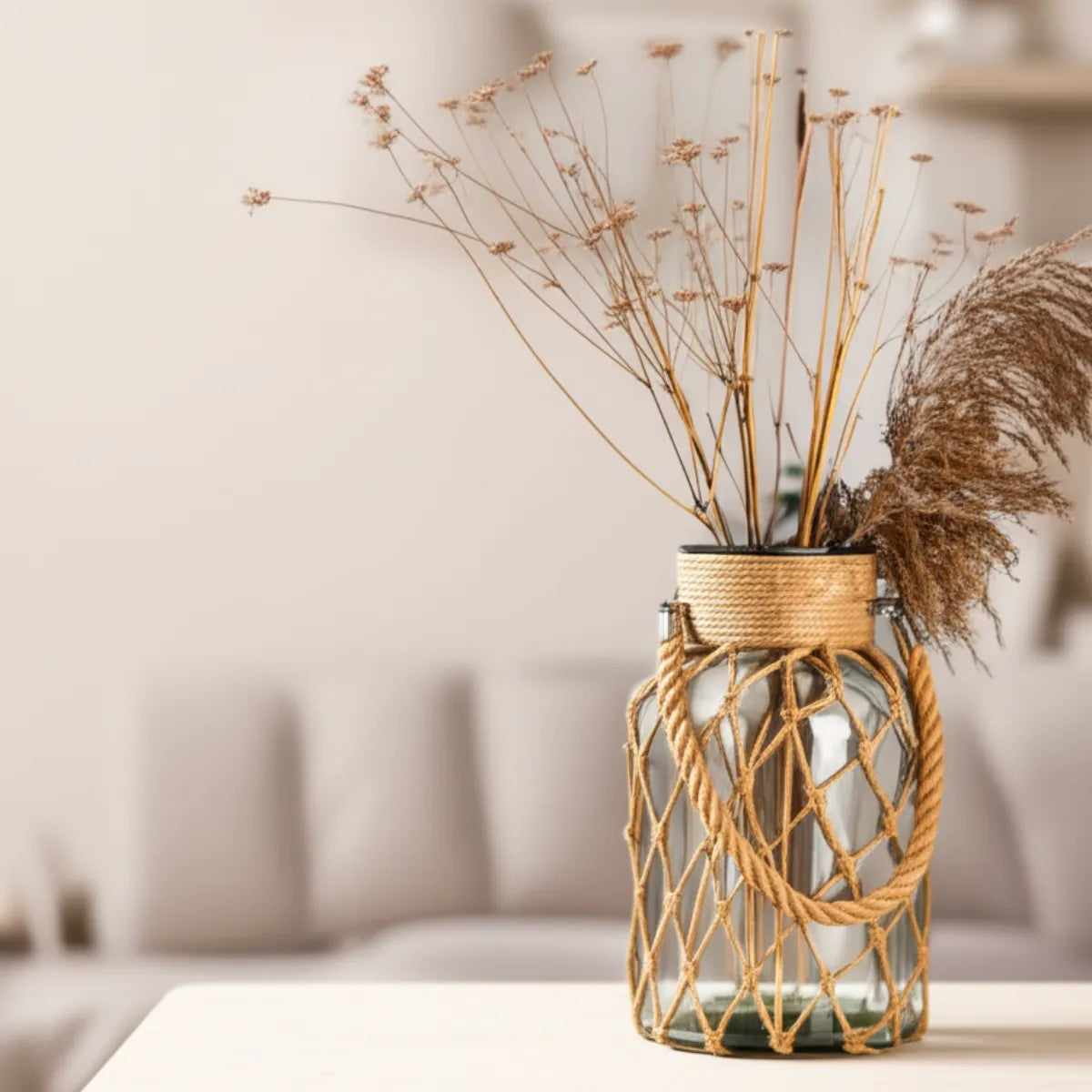 vaso-decorativo-para-mesa-de-vidro-rustico-artesanal-modernize-foto-vaso-de-vidro-artesanal-em-sala-de-estar-fundo-embaçado