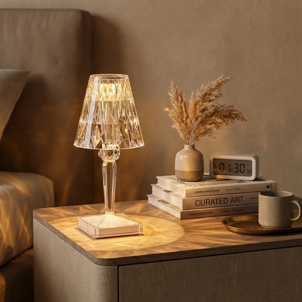 Abajur de cabeceira luxuoso sobre mesa de noite, criando iluminação suave para leitura na cama, ambientado com decoração moderna em tons neutros.