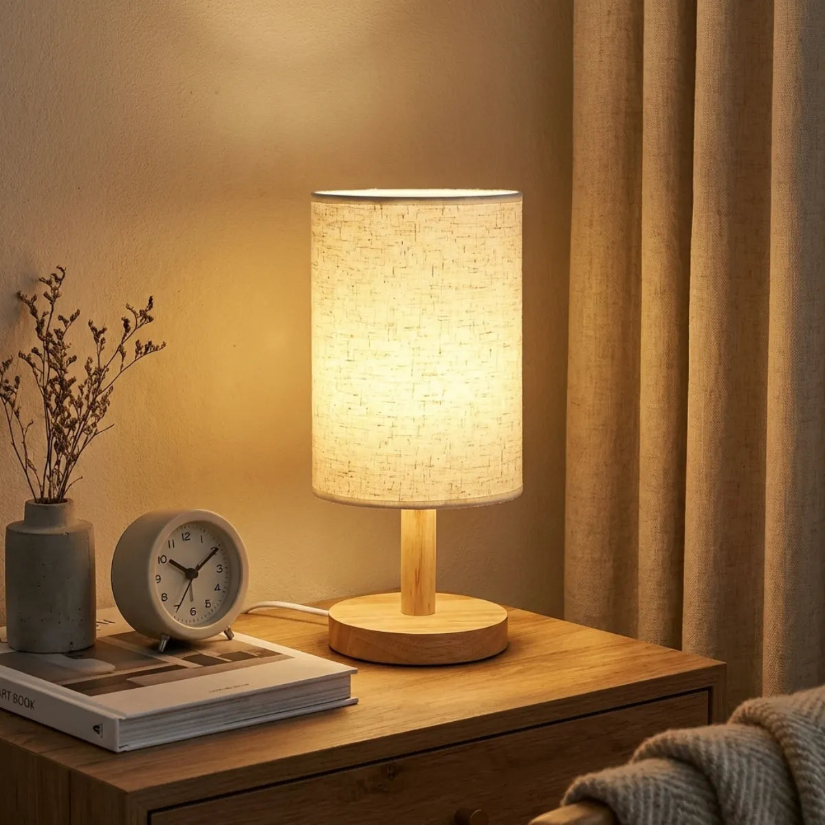 Abajur de cabeceira Fuste em madeira sobre mesa de apoio com relógio e decoração minimalista sob luz quente.