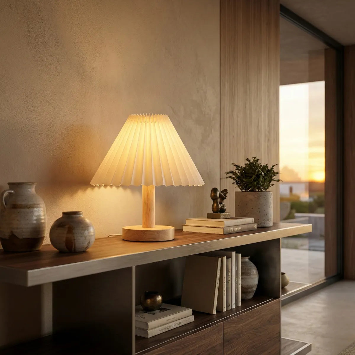 Abajur decorativo Japandi em prateleira de madeira com livros e plantas sob iluminação suave ao entardecer.