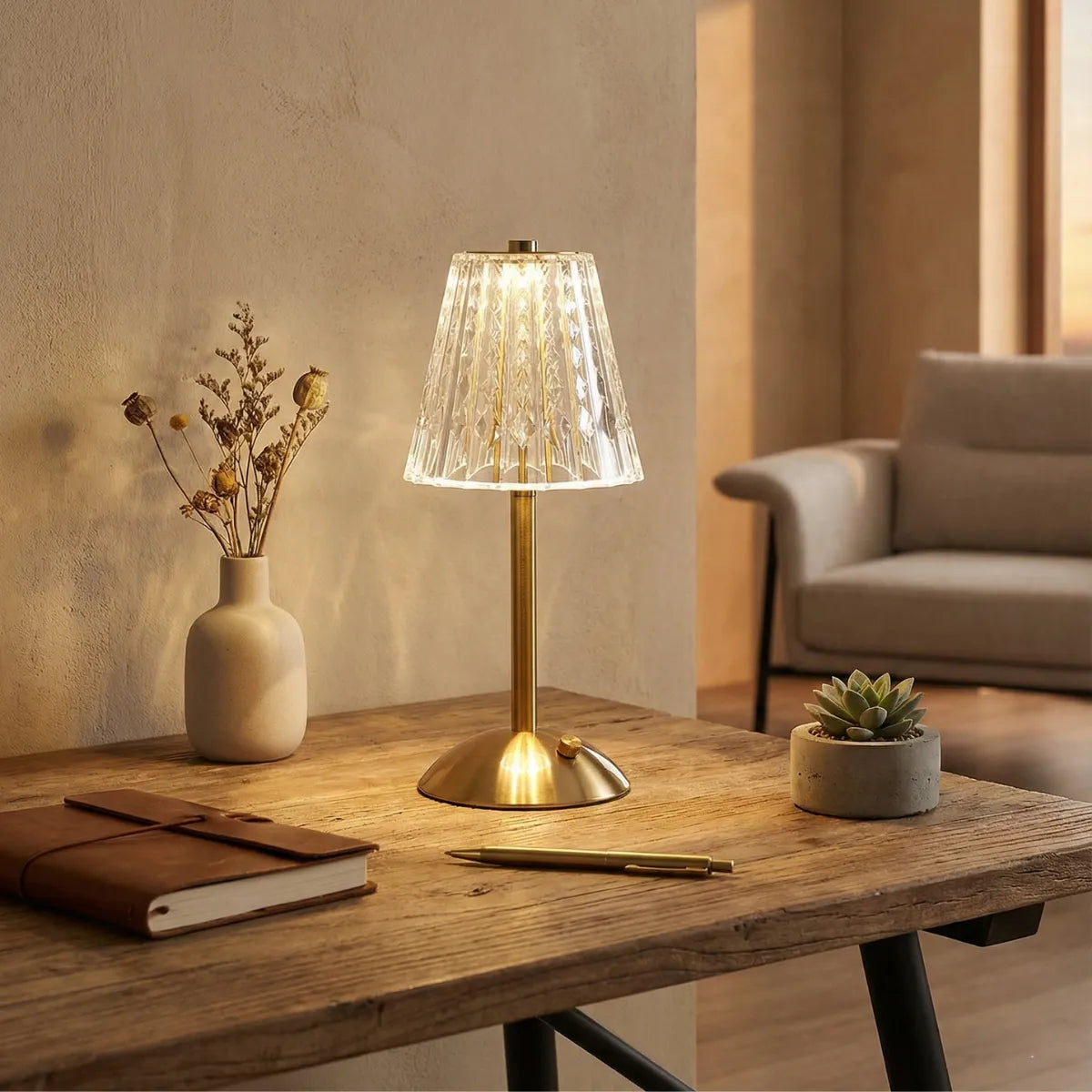 Abajur de mesa Selene Dourado decorando escrivaninha de home office elegante, ao lado de vaso minimalista e caderno de anotações em couro.