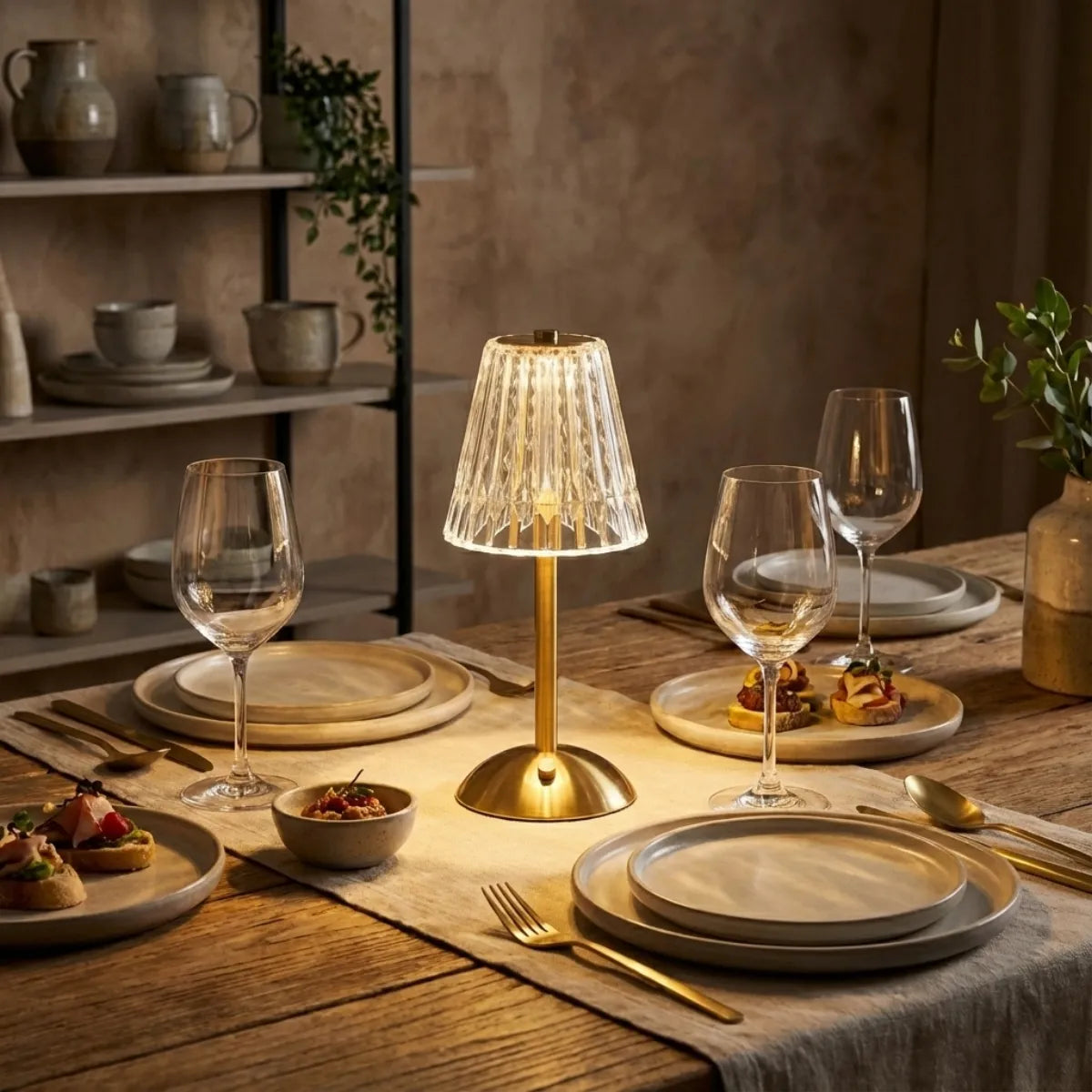 Mesa posta para jantar sofisticado iluminada por abajur sem fio com base dourada, destacando taças de vinho e louças de cerâmica em ambiente romântico.