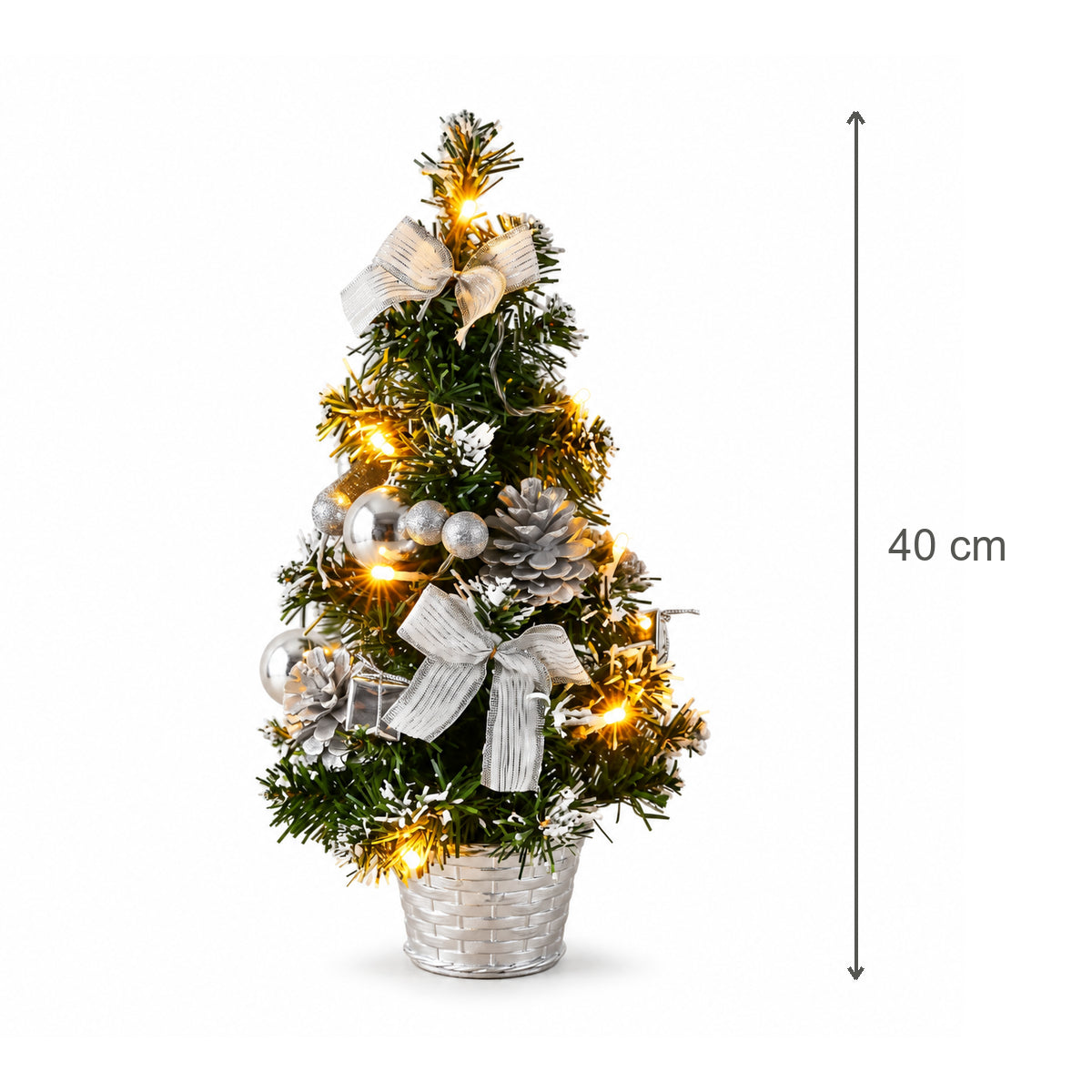 Árvore de Natal Pequena Decorada Base Prata em fundo branco, com seta vertical indicando 40 cm de altura