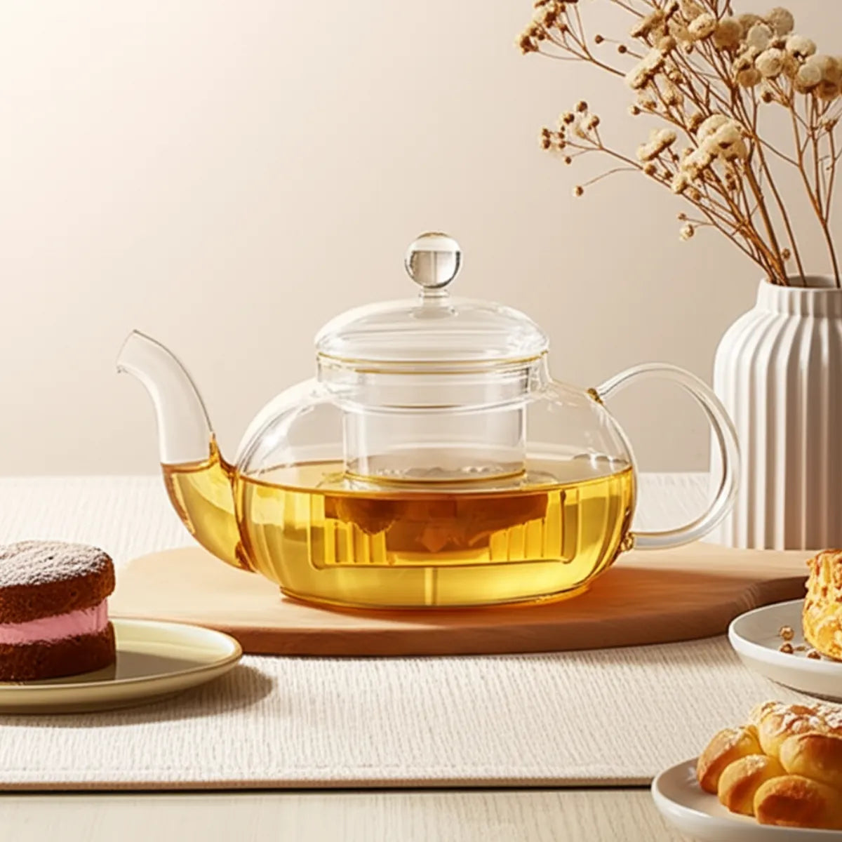 bule-chaleira-de-vidro-com-infusor-modernize-foto-chaleira-de-vidro-sobre-mesa-com-delicias-e-vaso-decorativo