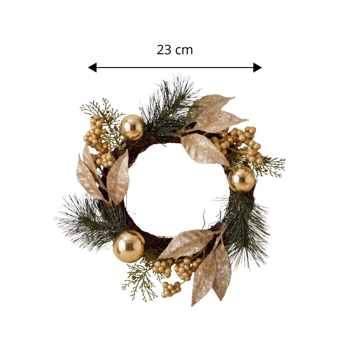 Guirlanda de natal luxo dourada com medida de 23 cm de diâmetro, vista frontal em fundo branco