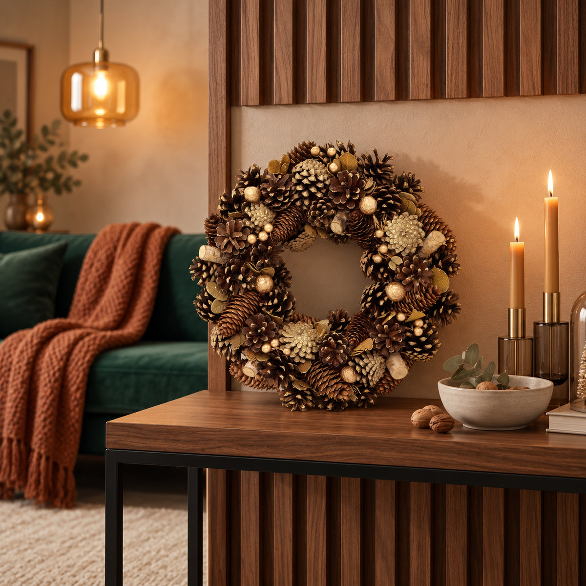 Guirlanda de Natal Luxo Dourada com Pinhas apoiada no aparador, em sala com madeira, velas e luz quente