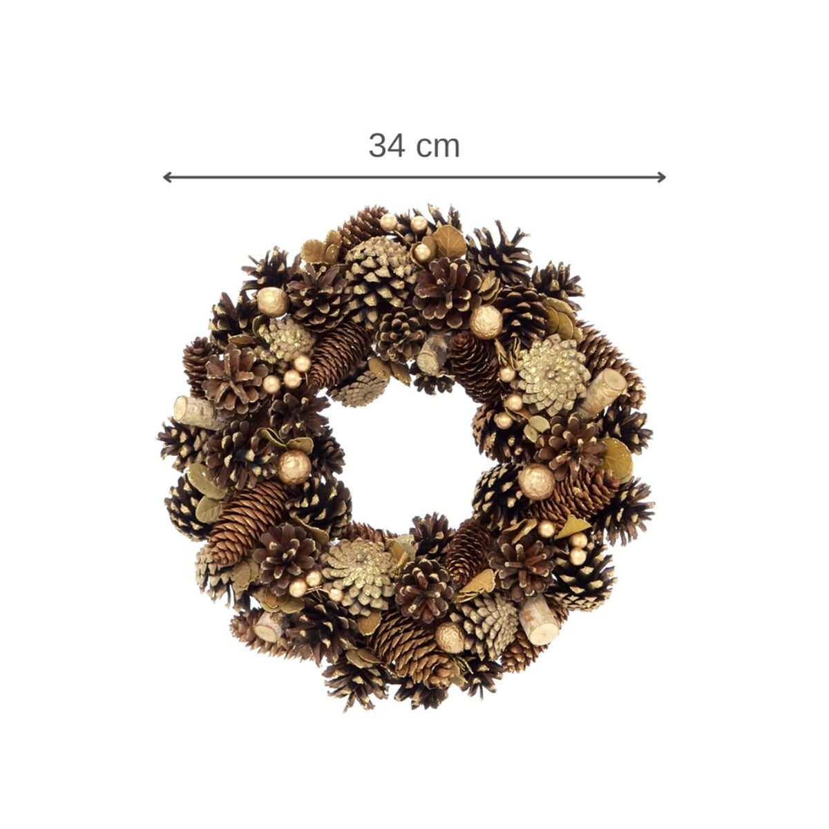 Guirlanda de Natal Luxo Dourada com Pinhas com indicação de 34 cm de diâmetro, em fundo branco