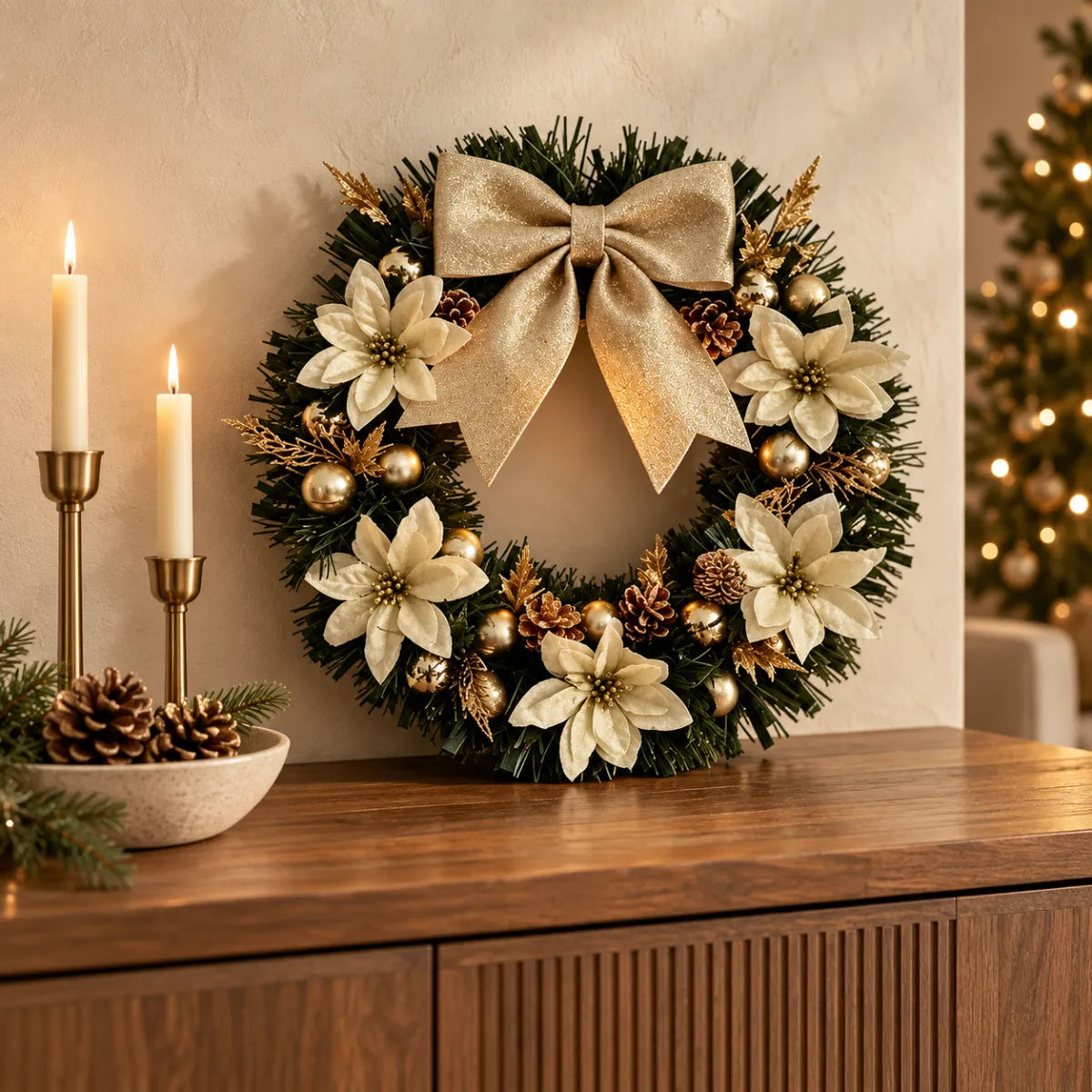 Guirlanda de natal luxo com laço dourado sobre aparador de madeira, ambiente com velas acesas