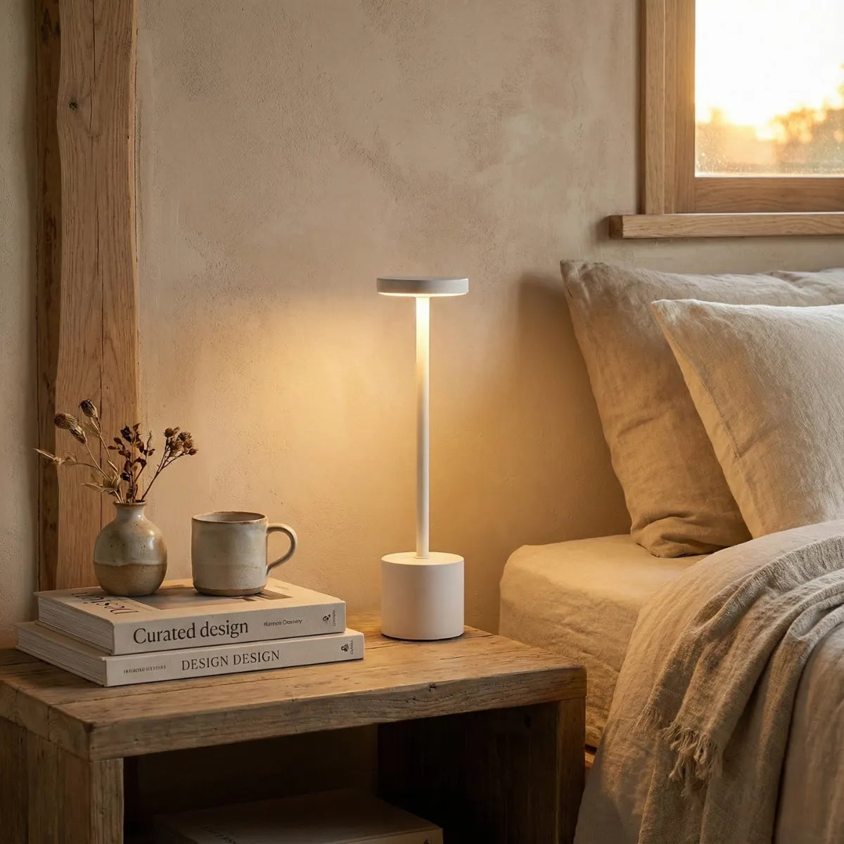 Abajur de mesa branco minimalista na mesa de cabeceira de madeira rústica, criando luz suave em quarto aconchegante estilo Japandi.