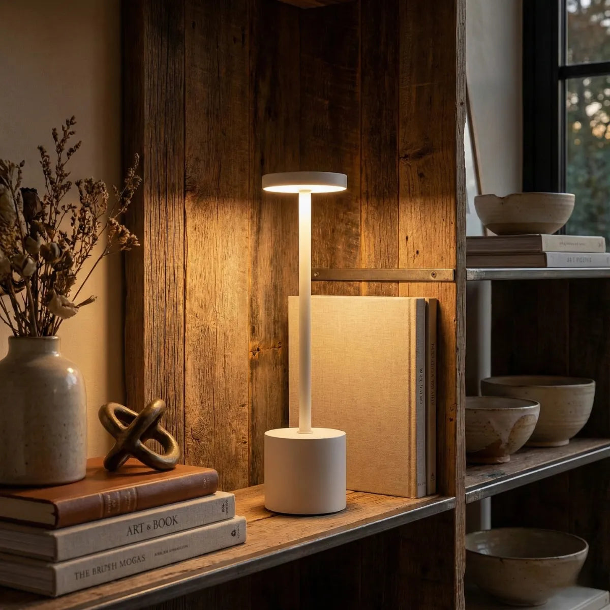 Luminária portátil branca decorando estante de madeira envelhecida, criando contraste moderno com o rústico da madeira.