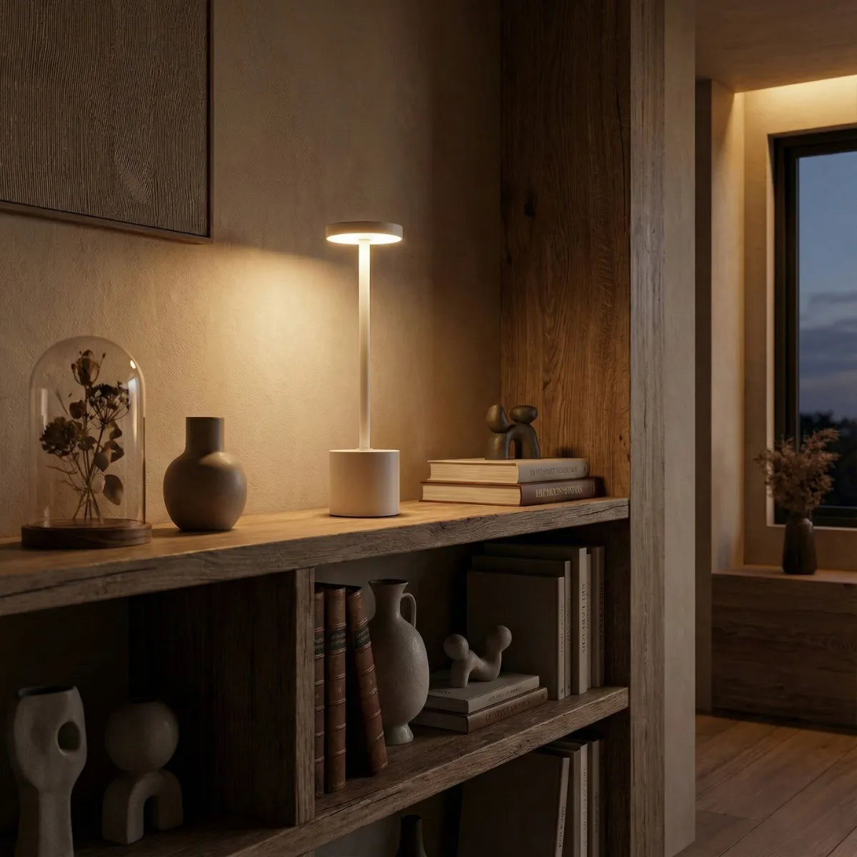 Objeto de decoração luminoso: luminária Allure branca em prateleira de madeira escura, trazendo um ponto de luz sofisticado para o ambiente.