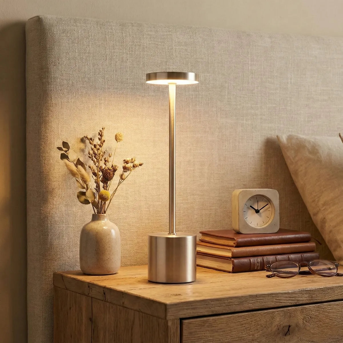 Luminária de cabeceira Allure Champagne em mesa de apoio de madeira ao lado de cama com cabeceira de linho em quarto sofisticado.