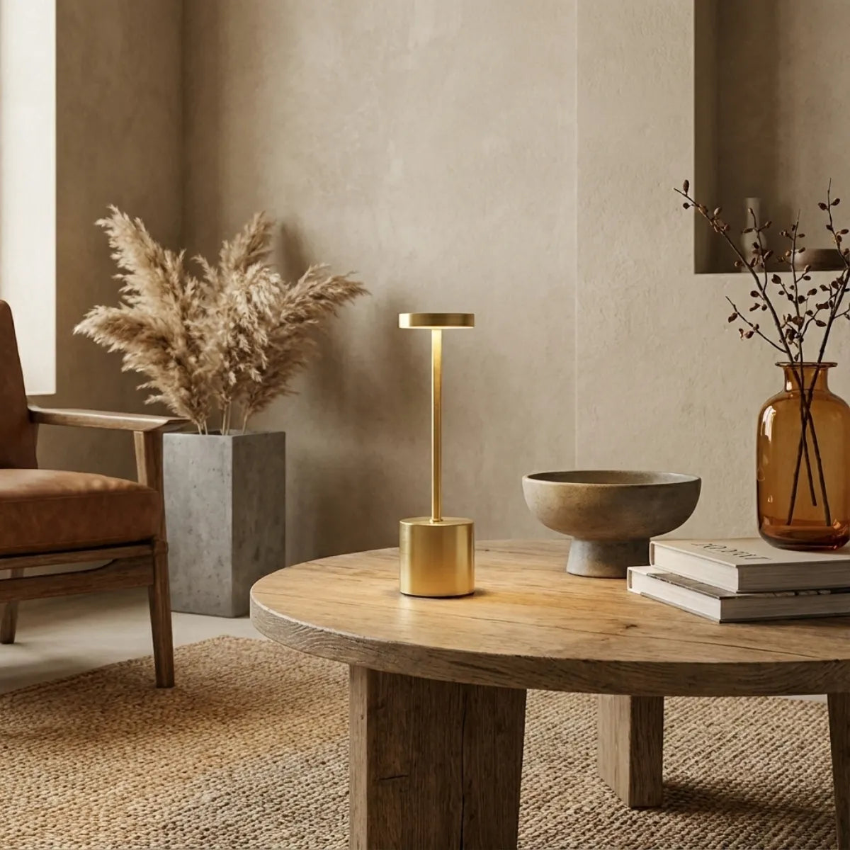 Luminária sem fio dourada decorando mesa de centro em sala de estar minimalista, ao lado de vaso de cerâmica e plantas secas.