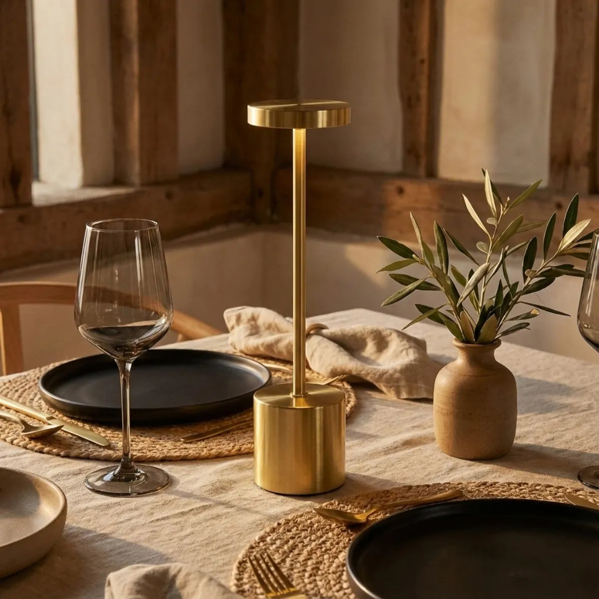 Mesa posta elegante para jantar com luminária de mesa portátil dourada como centro de mesa, estilo restaurante de luxo.