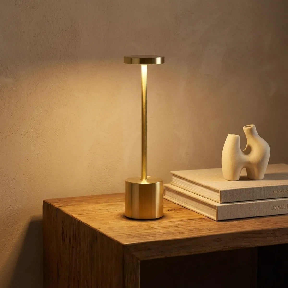 Luminária decorativa dourada em aparador de madeira, compondo ambiente sofisticado com esculturas e decoração neutra.