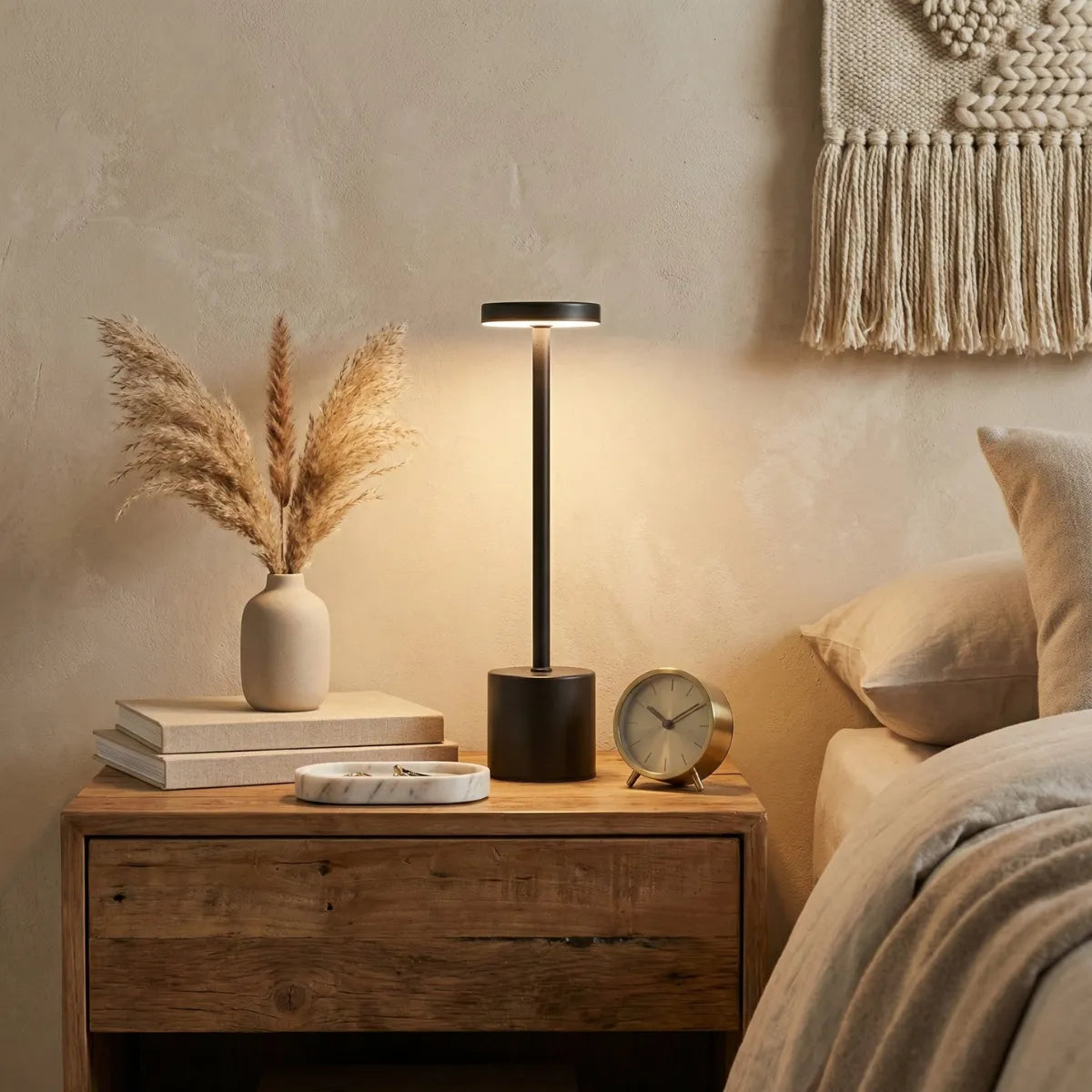 Luminária de mesa moderna preta na mesa de cabeceira de madeira, compondo decoração de quarto minimalista com tons neutros e boho.